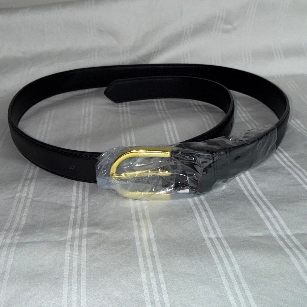 Commense‎ Womens Black Faux Leather Belt Gold Buckle One Size